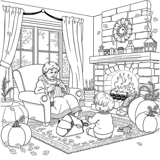 Black and white coloring book illustration capturing the essence of autumn with a detailed scene featuring an elderly woman knitting in an armchair in her living room with two small children playing on the rug