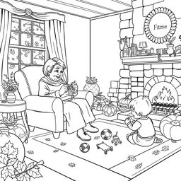 Black and white coloring book illustration capturing the essence of autumn with a detailed scene featuring an elderly woman knitting in an armchair in her living room with two small children playing on the rug