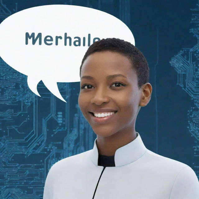 A friendly, smiling AI avatar greeting with 'Merhaba' in a speech bubble, against a background of digital circuitry.