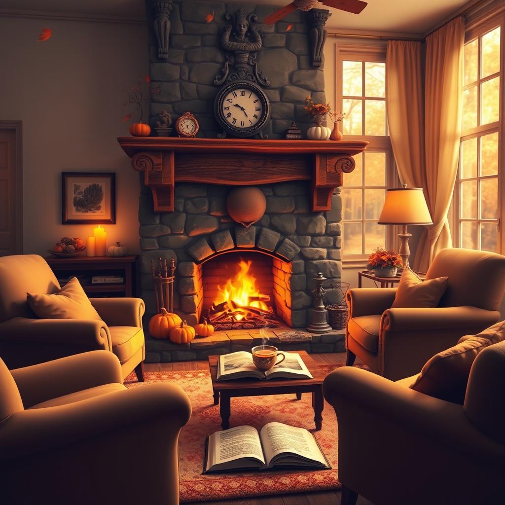 A whimsical and cozy living room scene featuring a large, roaring fireplace with a beautiful wooden mantle, surrounded by plush armchairs and a soft, inviting rug