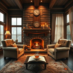 A whimsical and cozy living room scene featuring a large, roaring fireplace with a beautiful wooden mantle, surrounded by plush armchairs and a soft, inviting rug