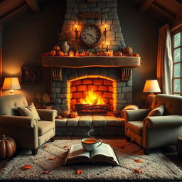 A whimsical and cozy living room scene featuring a large, roaring fireplace with a beautiful wooden mantle, surrounded by plush armchairs and a soft, inviting rug