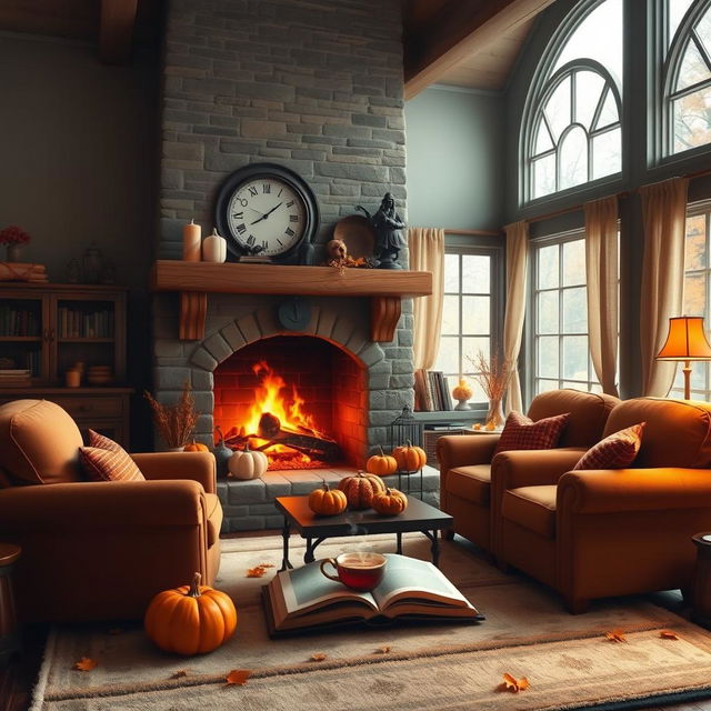 A whimsical and cozy living room scene featuring a large, roaring fireplace with a beautiful wooden mantle, surrounded by plush armchairs and a soft, inviting rug