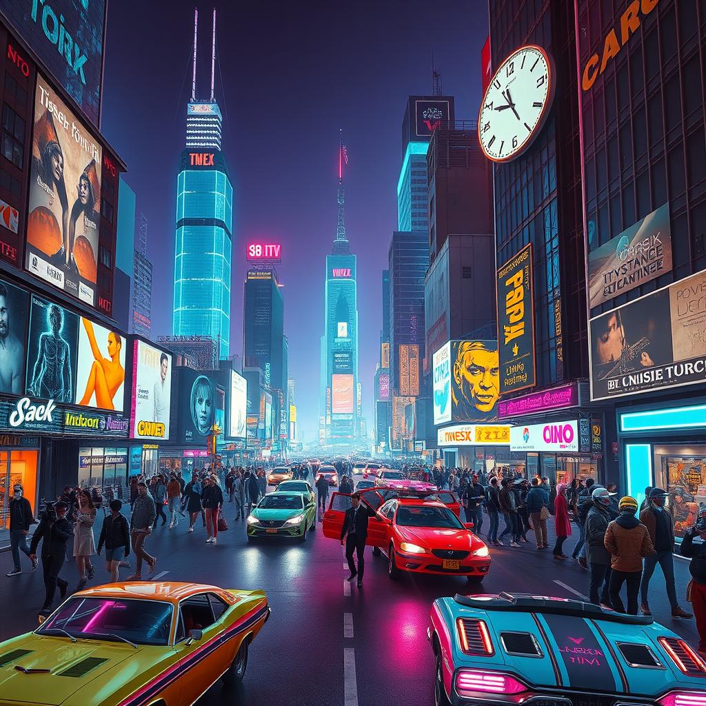 A vibrant, retro-futuristic cityscape with neon lights illuminating the streets