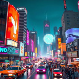 A vibrant, retro-futuristic cityscape with neon lights illuminating the streets