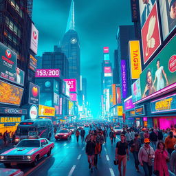 A vibrant, retro-futuristic cityscape with neon lights illuminating the streets