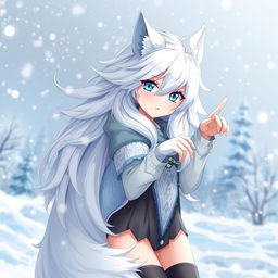 A sexy anime-style wolf girl with flowing white hair and a long fluffy tail, presented in an attractive, cute pose