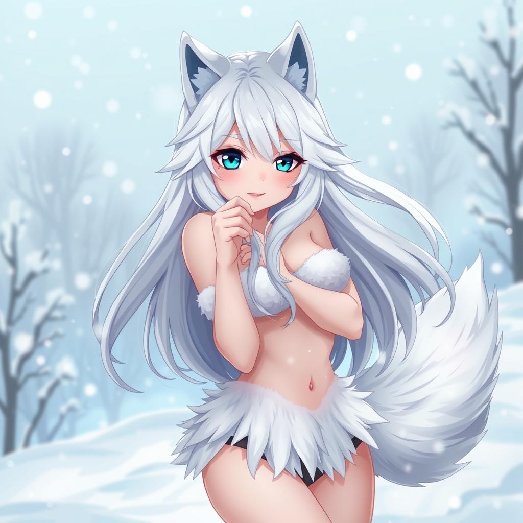 A sexy anime-style wolf girl with flowing white hair and a long fluffy tail, presented in an attractive, cute pose