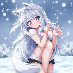 A sexy anime-style wolf girl with flowing white hair and a long fluffy tail, presented in an attractive, cute pose