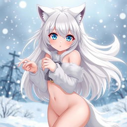 A sexy anime-style wolf girl with flowing white hair and a long fluffy tail, presented in an attractive, cute pose