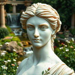 A classic artistic depiction of a Greek-style marble statue, showcasing the beauty of human form, focusing on intricate details such as the smooth curves and expressive eyes that communicate a sense of wisdom and grace