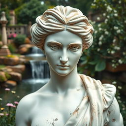 A classic artistic depiction of a Greek-style marble statue, showcasing the beauty of human form, focusing on intricate details such as the smooth curves and expressive eyes that communicate a sense of wisdom and grace