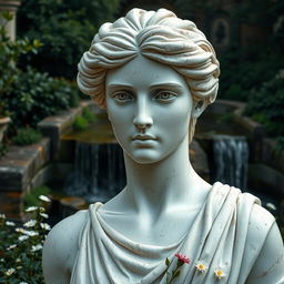 A classic artistic depiction of a Greek-style marble statue, showcasing the beauty of human form, focusing on intricate details such as the smooth curves and expressive eyes that communicate a sense of wisdom and grace