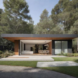 Exterior view of a sophisticated single-story house seamlessly integrated with a workspace, designed using biomimicry architecture, fitting the lifestyle of a fashion designer