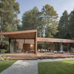 Exterior view of a sophisticated single-story house seamlessly integrated with a workspace, designed using biomimicry architecture, fitting the lifestyle of a fashion designer