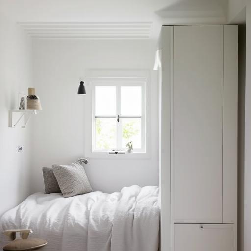 A small, aesthetically pleasing white bedroom with a window situated behind the bed casting natural light. Includes a well-designed dressing room