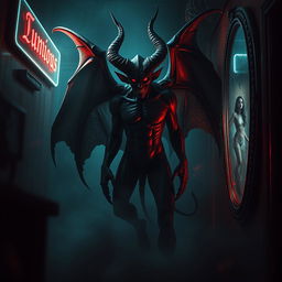 A dark and surreal interpretation of a demon associated with the theme of pornography, blending elements of chaos and allure