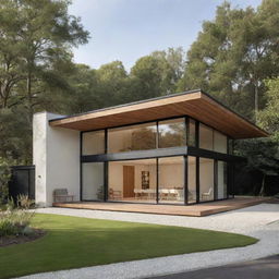 Exterior view of a sophisticated single-story house seamlessly integrated with a workspace, designed using biomimicry architecture, fitting the lifestyle of a fashion designer