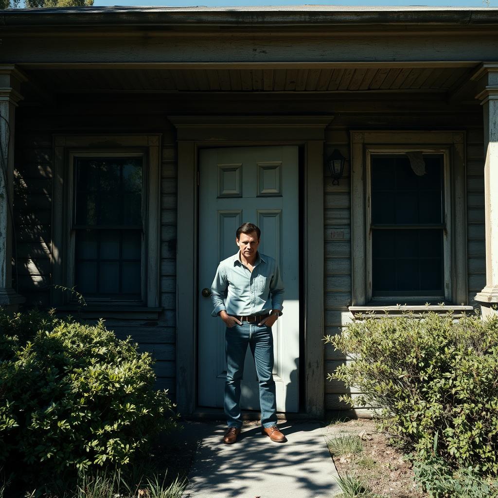 A man standing at the doorway of an old, somewhat neglected house in broad daylight