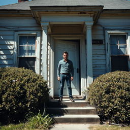 A man standing at the doorway of an old, somewhat neglected house in broad daylight