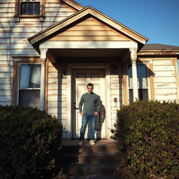 A man standing at the doorway of an old, somewhat neglected house in broad daylight