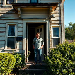 A man standing at the doorway of an old, somewhat neglected house in broad daylight