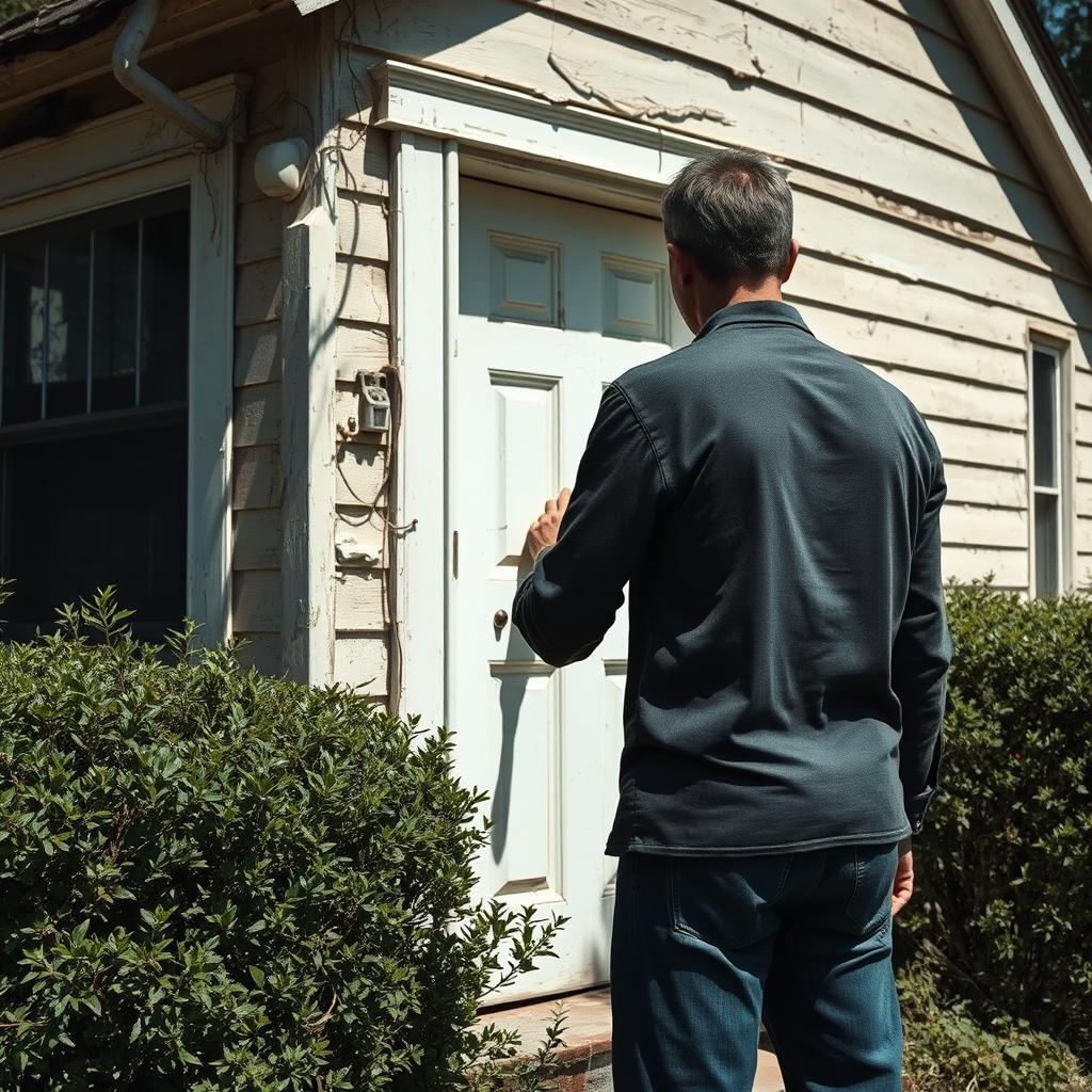 A man with his back turned, knocking on the door of an old, somewhat neglected house in broad daylight