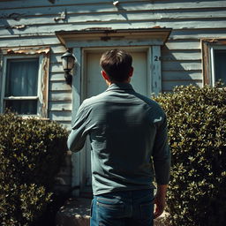 A man with his back turned, knocking on the door of an old, somewhat neglected house in broad daylight