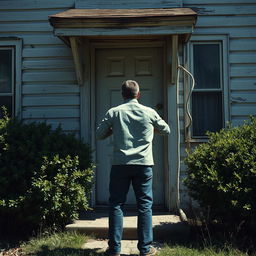 A man with his back turned, knocking on the door of an old, somewhat neglected house in broad daylight