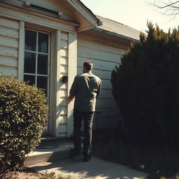 A man with his back turned, knocking on the door of an old, somewhat neglected house in broad daylight