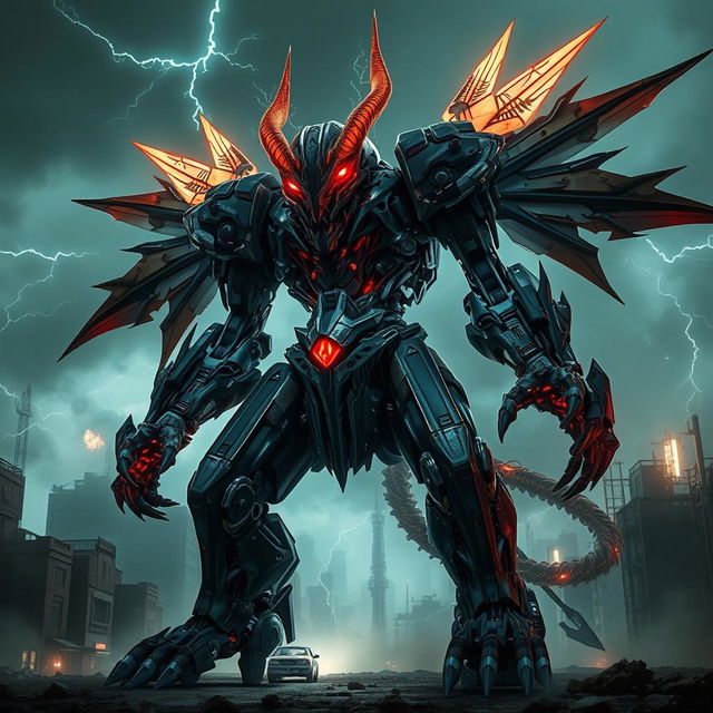 A towering mecha-demon, blending futuristic robotics with demonic features, stands in a post-apocalyptic cityscape