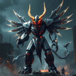 A towering mecha-demon, blending futuristic robotics with demonic features, stands in a post-apocalyptic cityscape