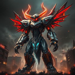 A towering mecha-demon, blending futuristic robotics with demonic features, stands in a post-apocalyptic cityscape