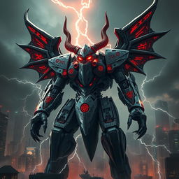 A colossal mecha-demon, seamlessly blending advanced robotics with hellish design, dominates a dark, dystopian cityscape