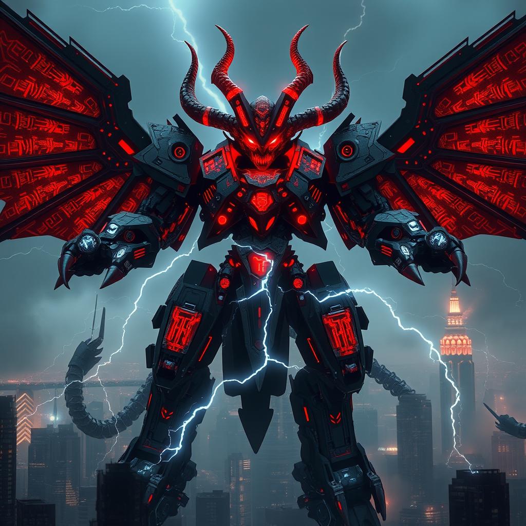 A colossal mecha-demon, seamlessly blending advanced robotics with hellish design, dominates a dark, dystopian cityscape