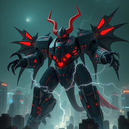 A colossal mecha-demon, seamlessly blending advanced robotics with hellish design, dominates a dark, dystopian cityscape