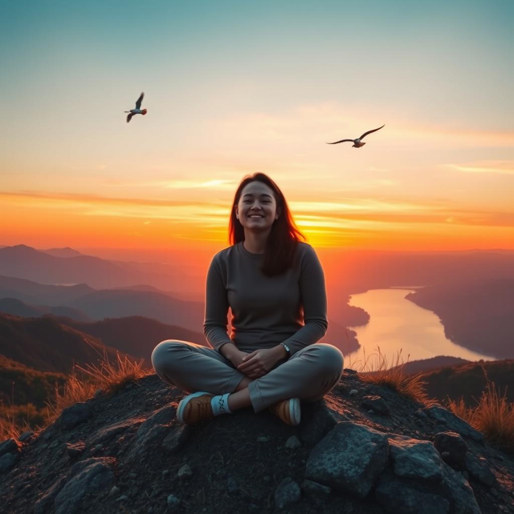 A person sitting peacefully on a mountaintop, surrounded by a breathtaking sunset, with warm hues of orange and pink in the sky