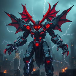 A colossal mecha-demon, seamlessly blending advanced robotics with hellish design, dominates a dark, dystopian cityscape