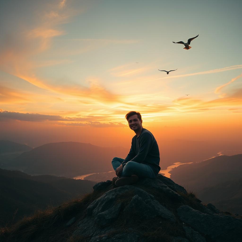 A person sitting peacefully on a mountaintop, surrounded by a breathtaking sunset, with warm hues of orange and pink in the sky