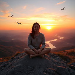 A person sitting peacefully on a mountaintop, surrounded by a breathtaking sunset, with warm hues of orange and pink in the sky