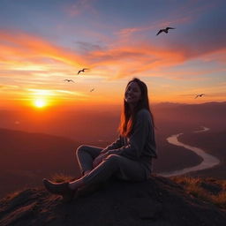 A person sitting peacefully on a mountaintop, surrounded by a breathtaking sunset, with warm hues of orange and pink in the sky