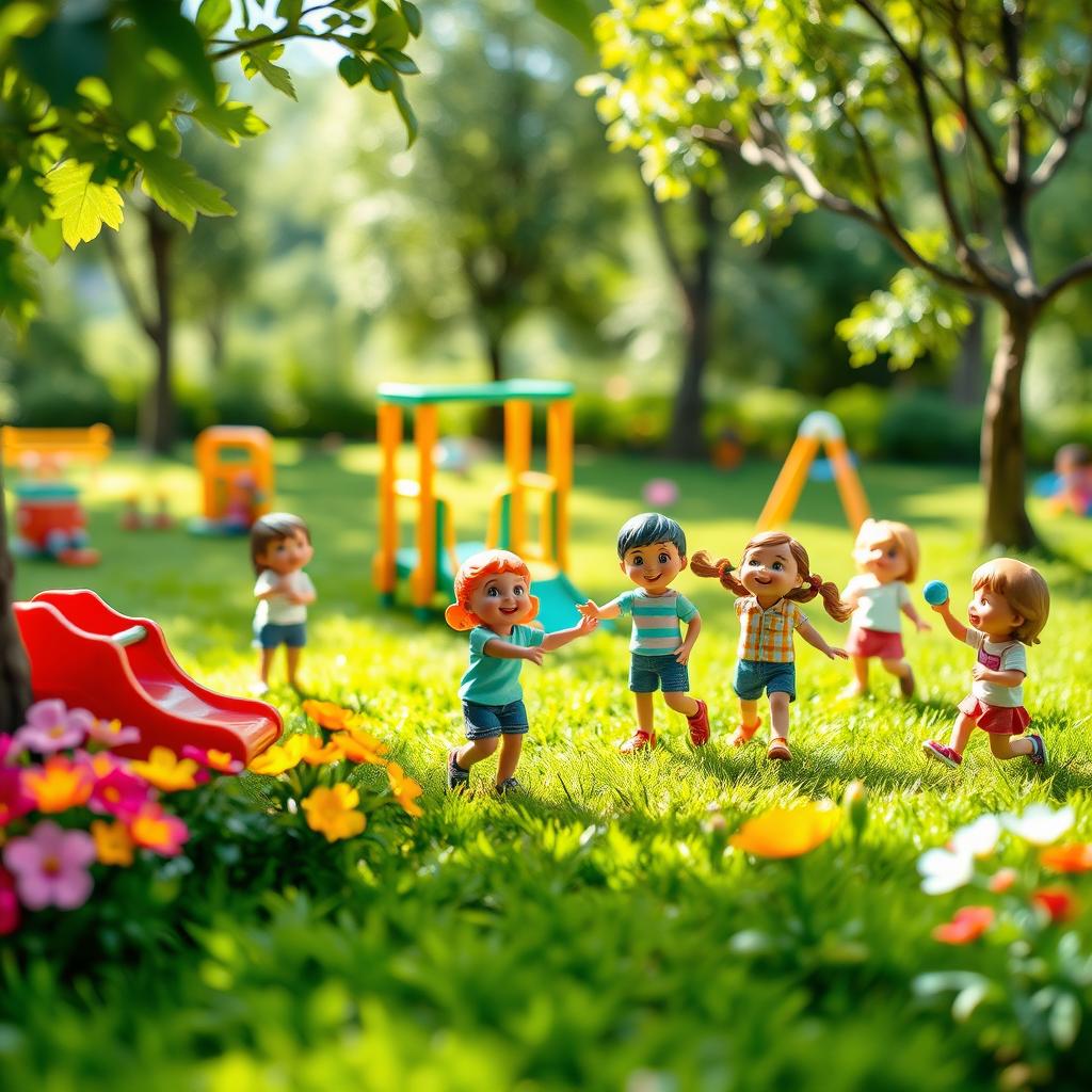 A playful and vibrant miniature scene depicting children playing in a park