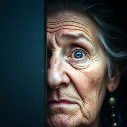 A close-up scene of an old woman with a wrinkled face and a surprised expression as she opens the door