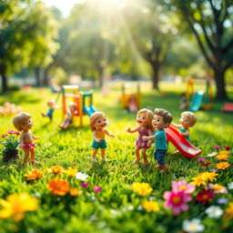 A playful and vibrant miniature scene depicting children playing in a park