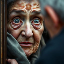 A close-up scene of an old woman with a wrinkled face and a surprised expression as she opens the door