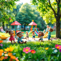 A playful and vibrant miniature scene depicting children playing in a park