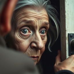 A close-up scene of an old woman with a wrinkled face and a surprised expression as she opens the door