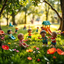 A playful and vibrant miniature scene depicting children playing in a park