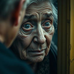 A close-up scene of an old woman with a wrinkled face and a surprised expression as she opens the door