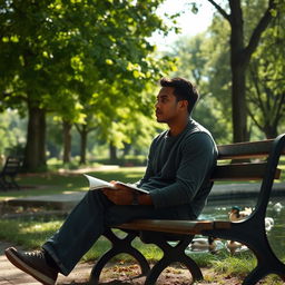 A thoughtful person sitting alone on a park bench, surrounded by lush green trees and a gentle breeze rustling the leaves